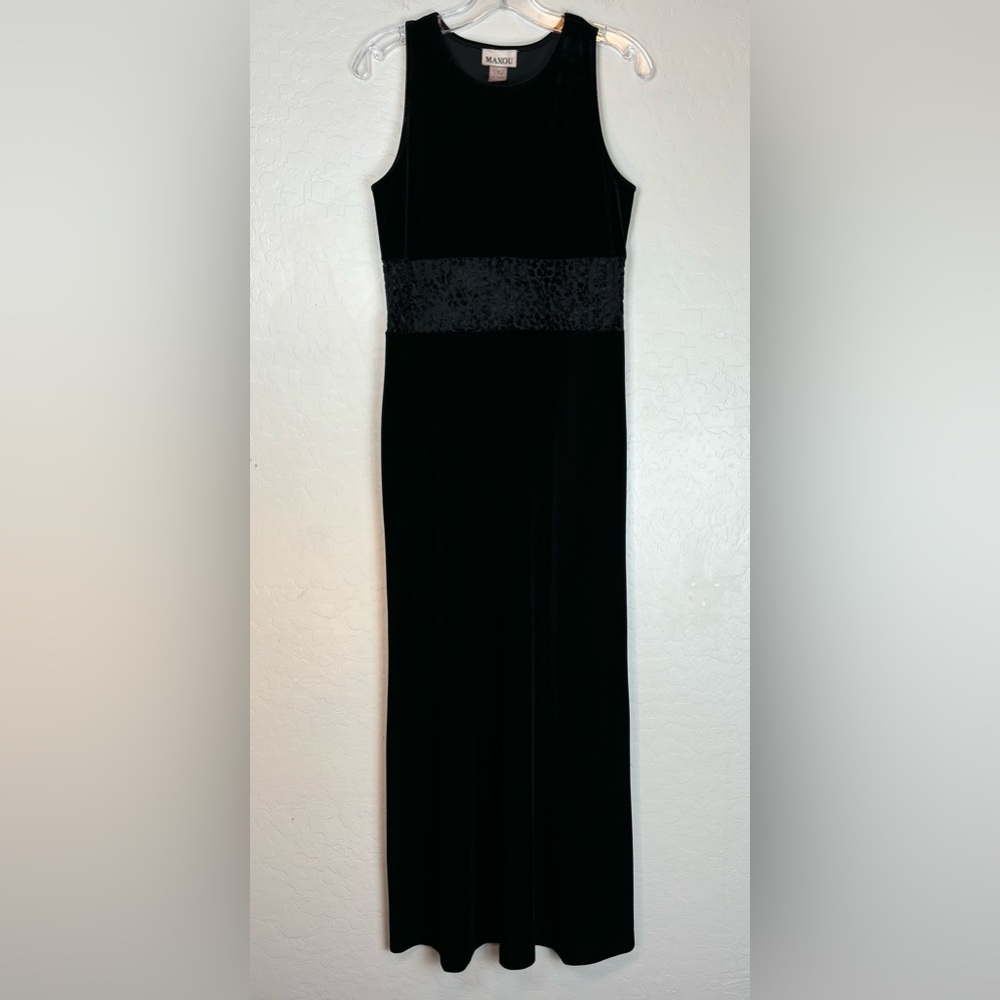 Maxou Velvet Midriff Cutout Leaf Maxi‎ Evening Dress Sz M Black 90s Y2K 0795